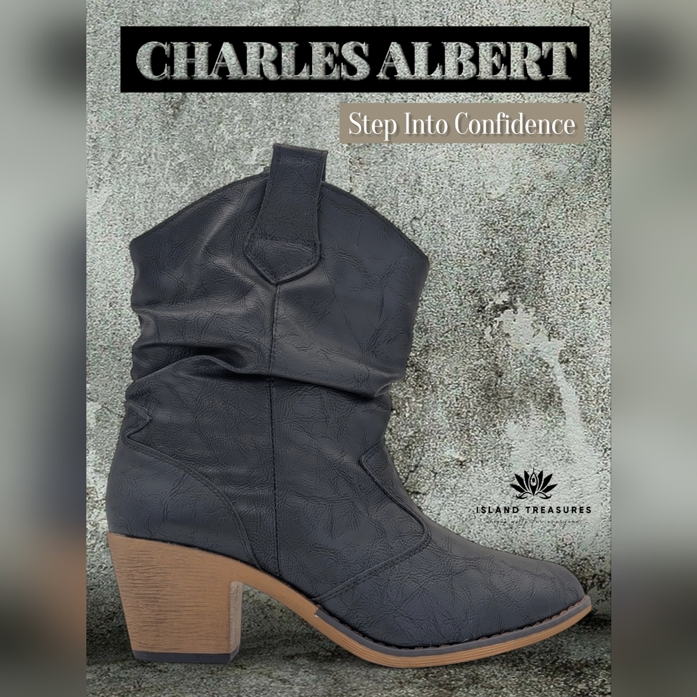 Charles Albert Western Cowboy Boot Sz 9M Black Mid-Calf Pull Tabs Slouch Shaft